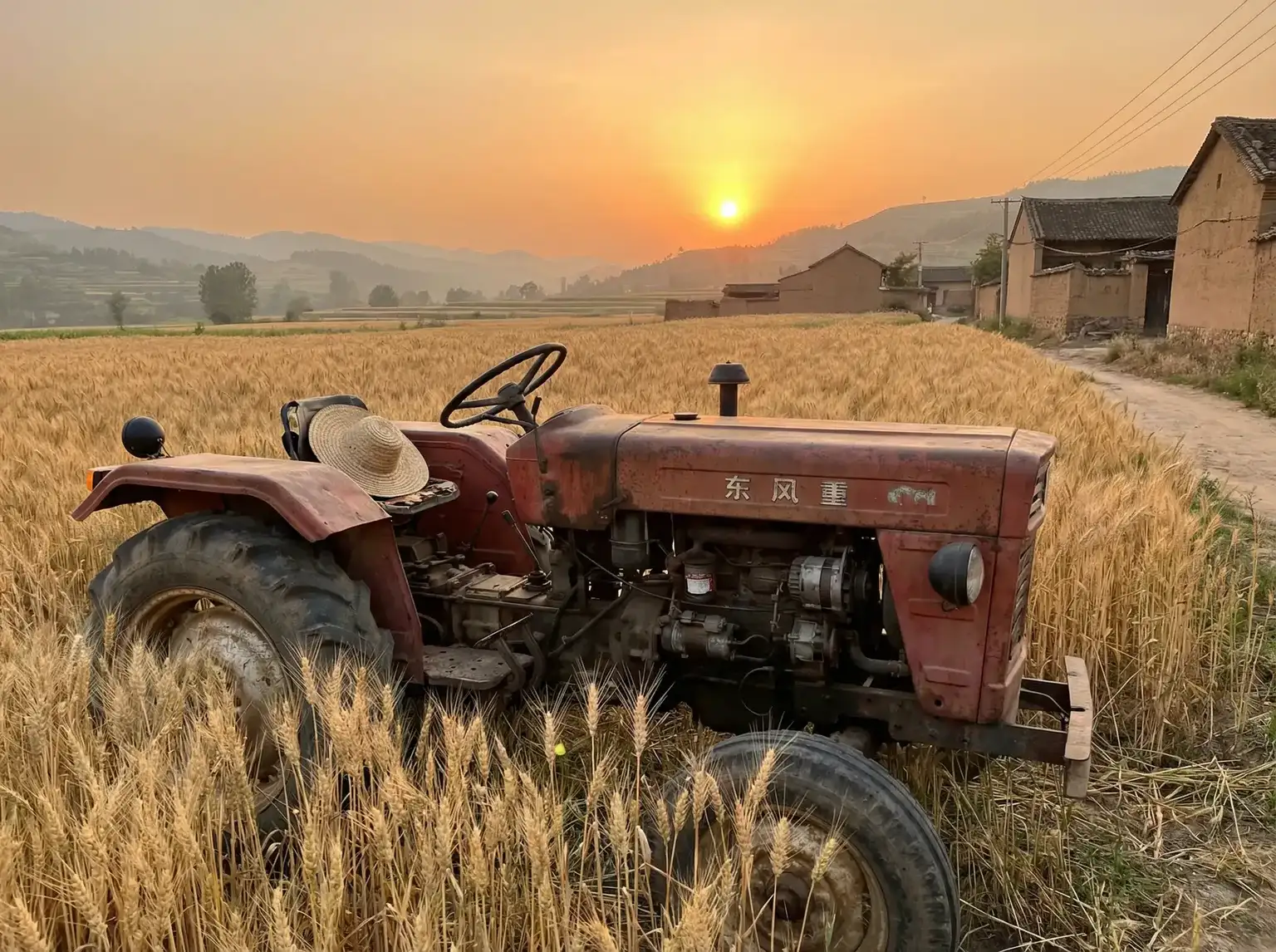 夕阳下的老式拖拉机停在麦田边 - 尸家重地 田间记忆